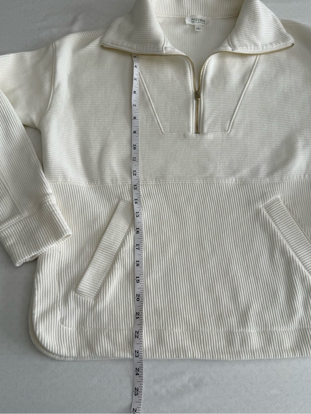 Haven Well Within Women's Ivory White Cotton Ribbed Half-Zip Pullover Hoodie - Picture 9 of 10